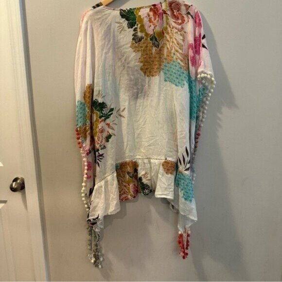 Z&L Europe Floral Print Airy  100% Cotton Pom-Pom Caftan Swim Cover Up sz Small - Picture 5 of 16